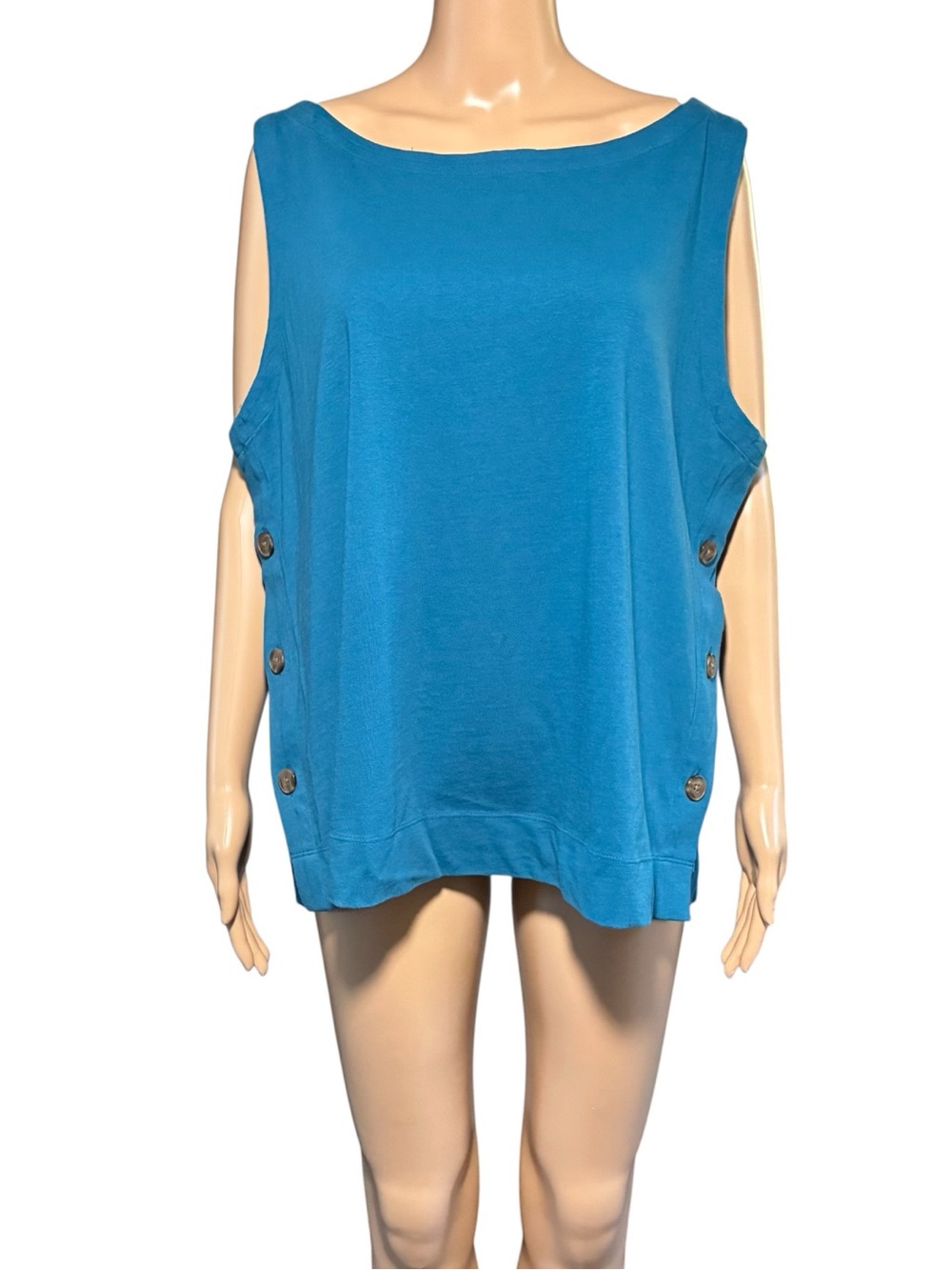 LOFT Women’s XXL Blue Sleeveless Tunic Top 100% Cotton Button Side Casual Blouse